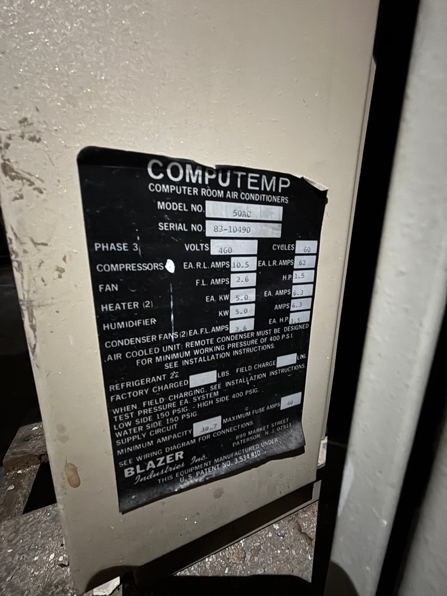 Blazer Computemp 50AC 5 Ton Indoor Air Cooled Computer Room Unit