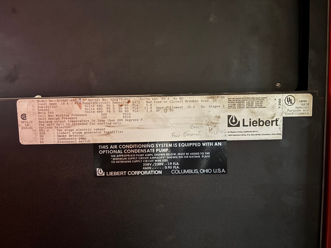Liebert BU068C‑ASM 5 Ton 460v Upflow Chilled-Water CRAC Precision Air Conditioner