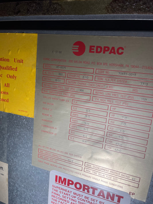 EDPAC AU-8025 10 Ton CRAC Computer Room Clean Unit