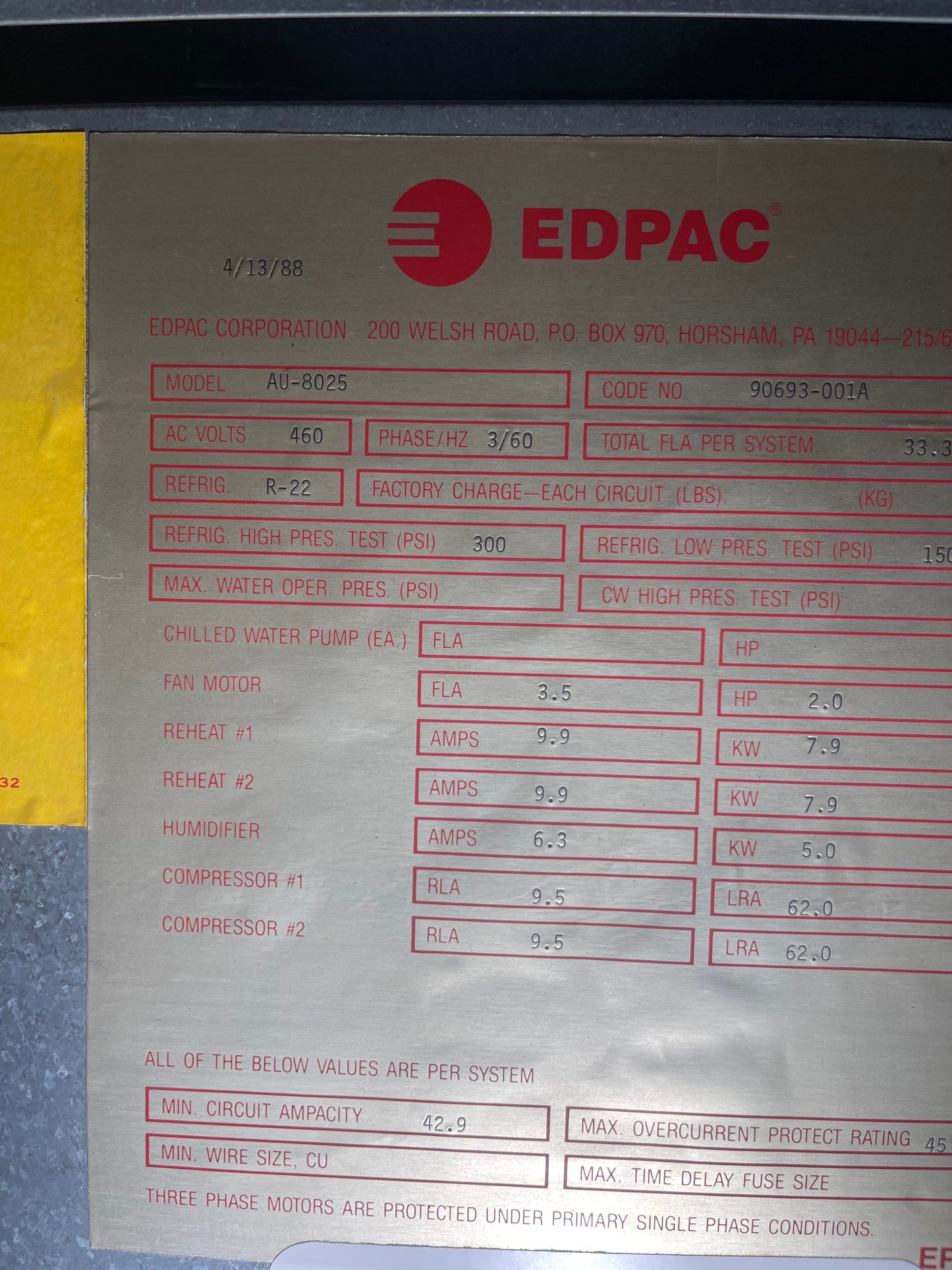 EDPAC AU-8025 10 Ton CRAC Computer Room Clean Unit