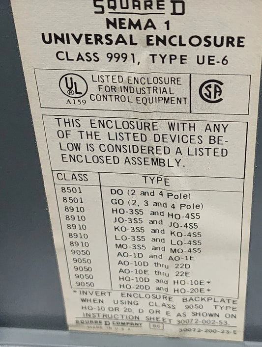 Square D Class 9991, Type UE-6 Nema 1 Universal Enclosure