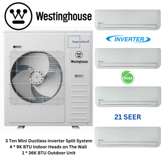 Westinghouse WHP36M4A21S Mini Split Inverter Air Conditioner System Wall Mounted 4-Zone 36K BTU Outdoor and WHP09WMA21S 9k + 9k + 9k + 9k Indoor
