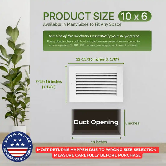 10x6 White Aluminum Modern Air Return Grille with Washable Filter (Duct Opening)
