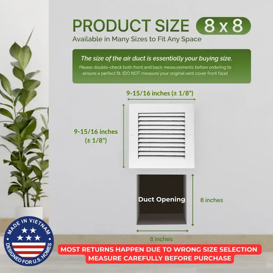 8x8 White Aluminum Modern Air Return Grille with Washable Filter (Duct Opening)
