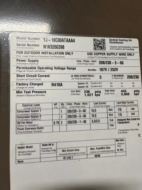 Johnson Control Luxaire YJ-10C00ATAAA4 10 Ton Condenser
