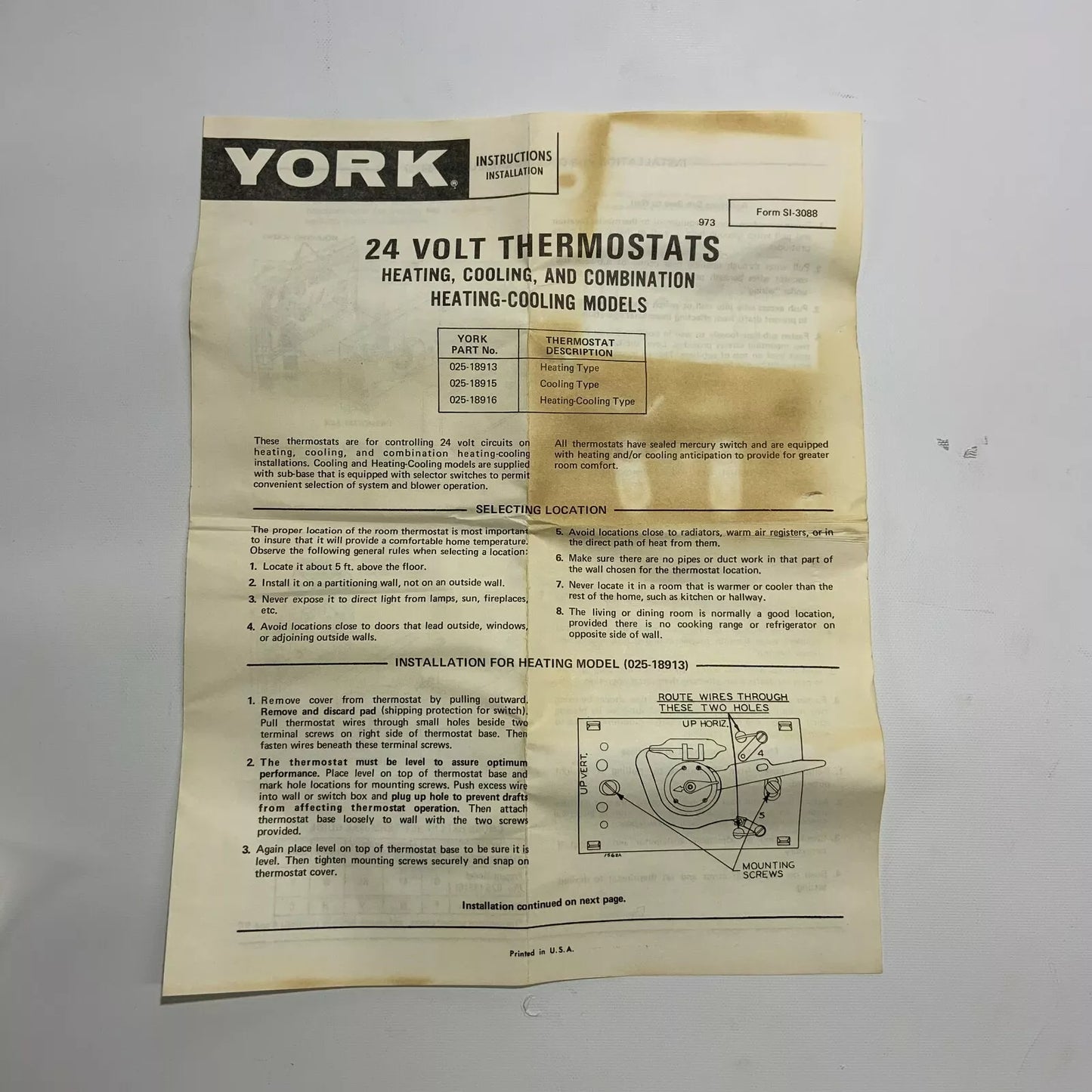 York 025-18915 Cooling Thermostat