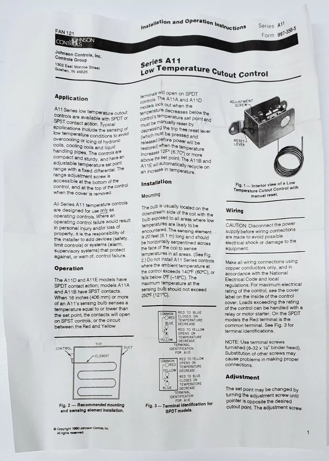 Johnson Controls A11B-1C Low Temperature Cutout