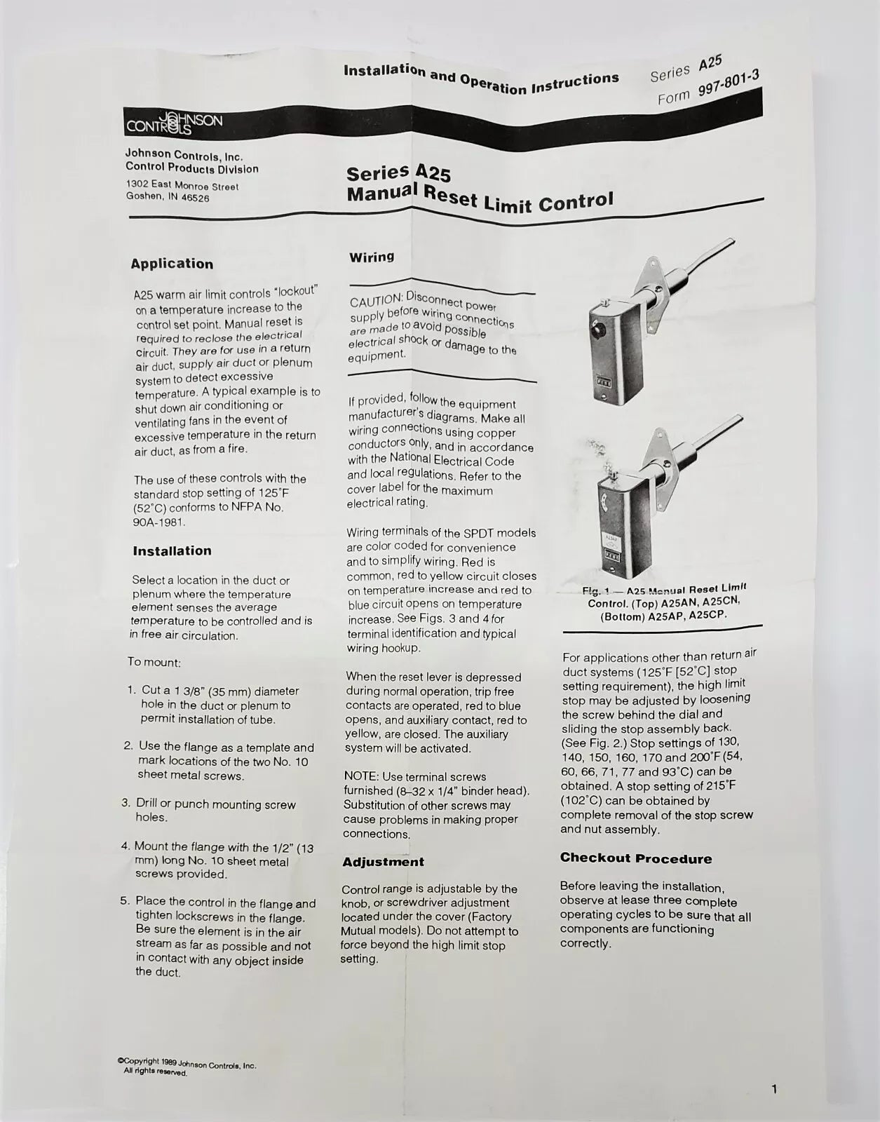 Johnson Controls A25CN-1C Manual Reset Limit Control