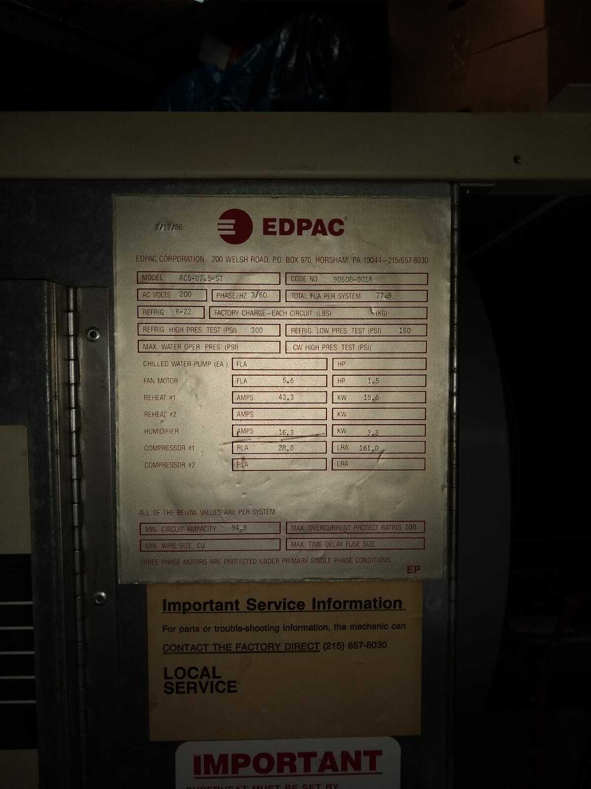 EDPAC 7.5-Ton Computer Room Unit # ACS-U7.5-ST Code# 90608-001A
