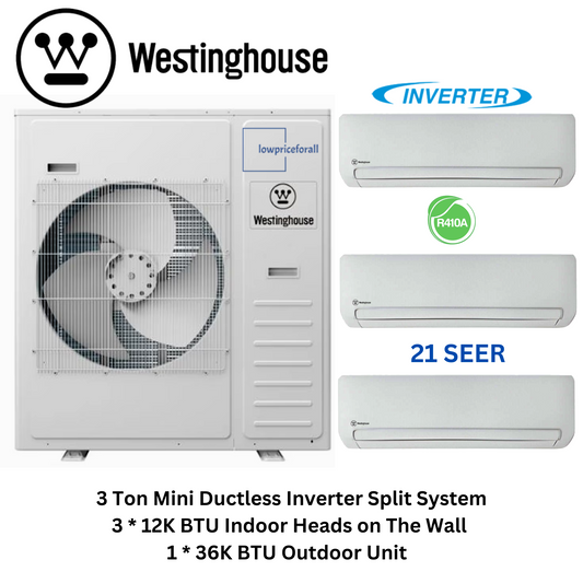 Westinghouse WHP36M4A21S Mini Split Inverter Air Conditioner System Wall Mounted 4-Zone 36K BTU Outdoor and WHP12WMA21S 12k + 12k + 12k Indoor