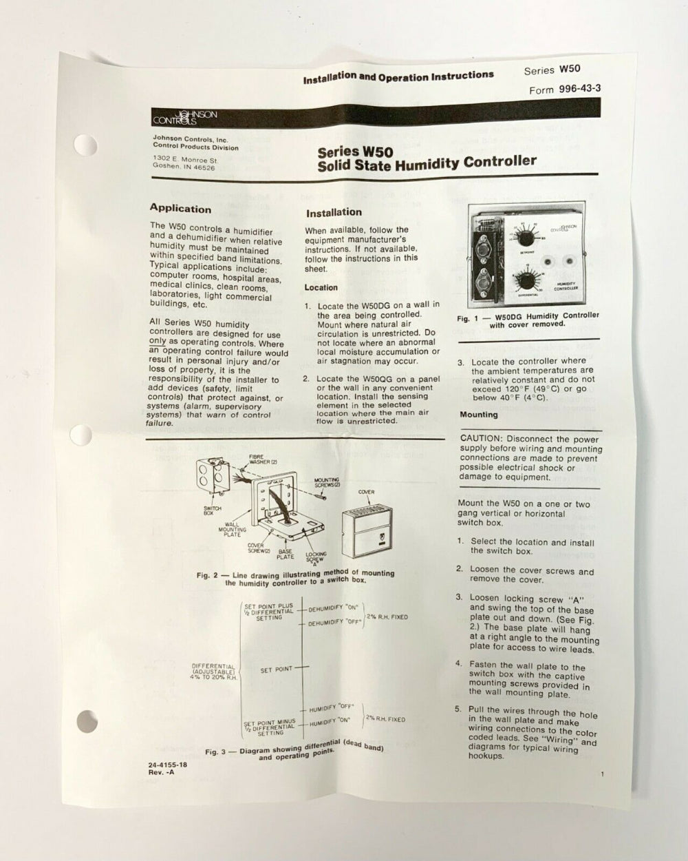 Johnson Controls W50DG-1 Humidity Controller