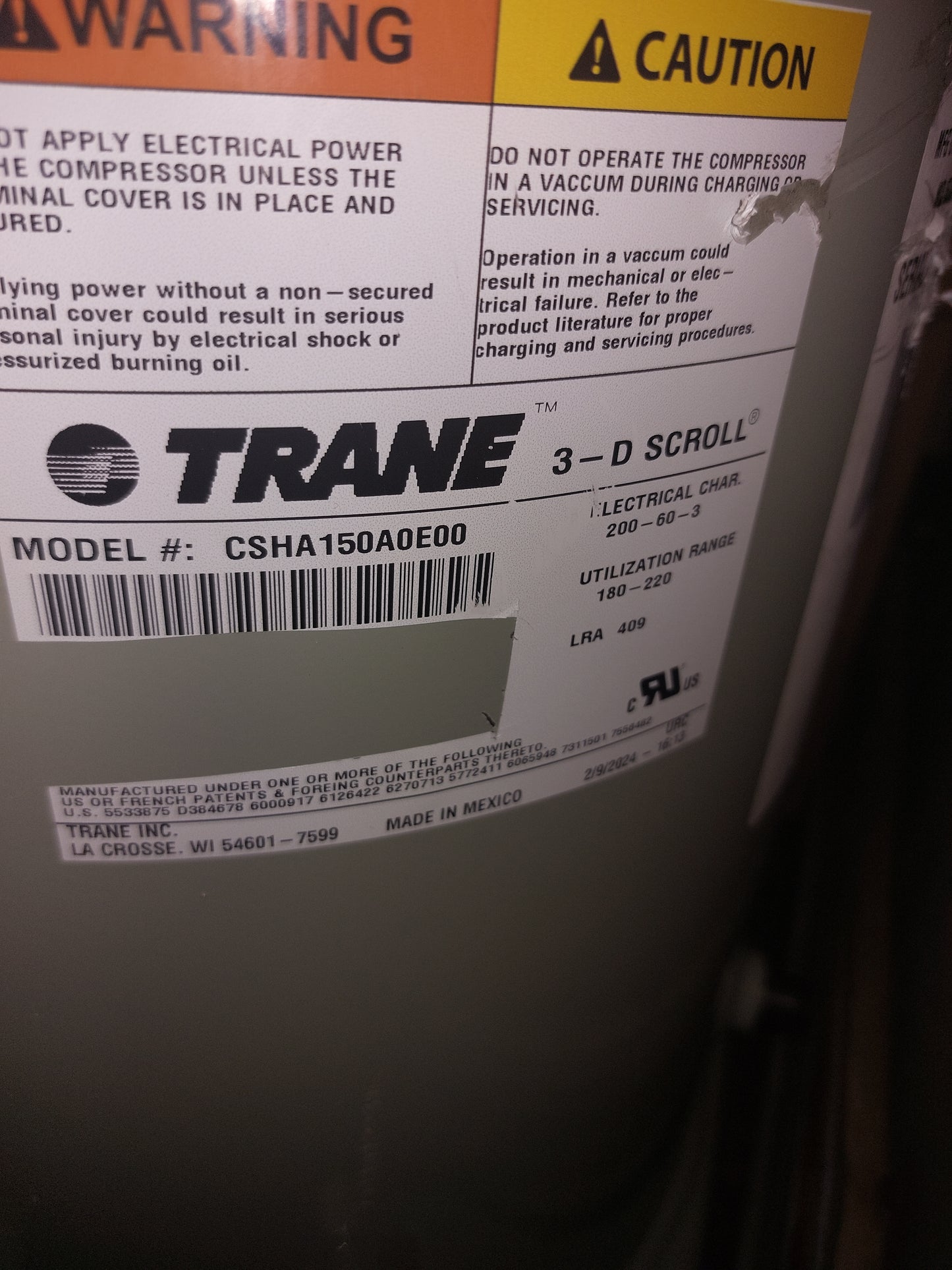 TRANE COM06436  CSHA-150A-0e0A, 15 TON, 200/60/3 Compressor