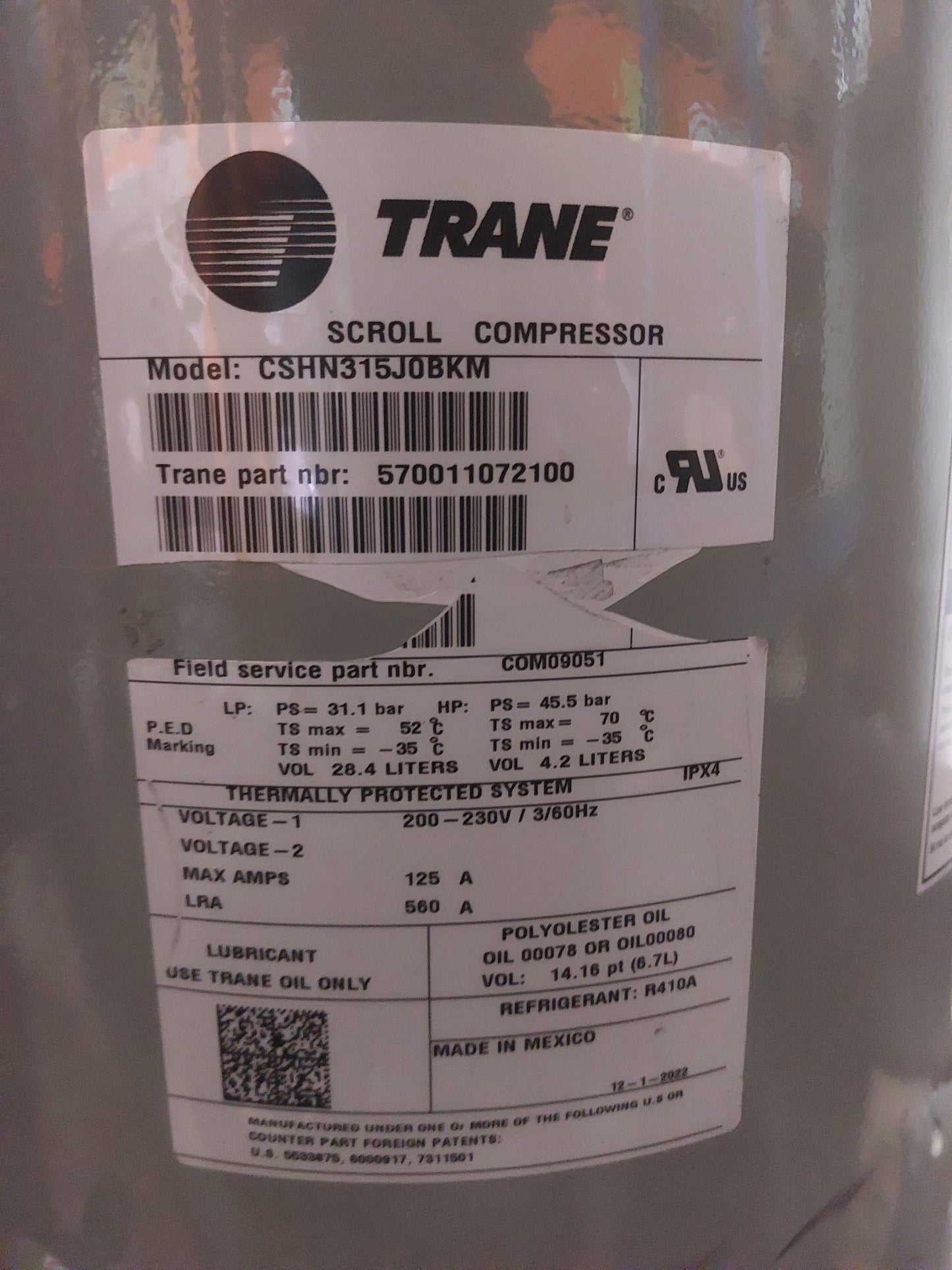 Trane compressor COM09051 / CSHN315J0BKM 200–230V / 3 / 60Hz