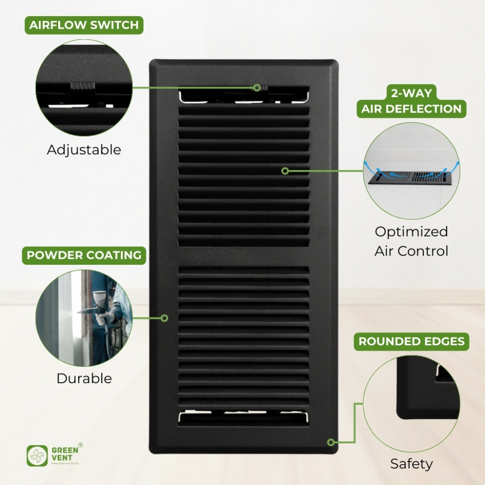 Pack 2 - 4x10 Steel Black Floor Register - 2-Way Airflow (Duct Opening)