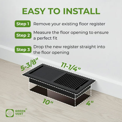 10x4 Steel Black Floor Register - 2-Way Airflow (Duct Opening)
