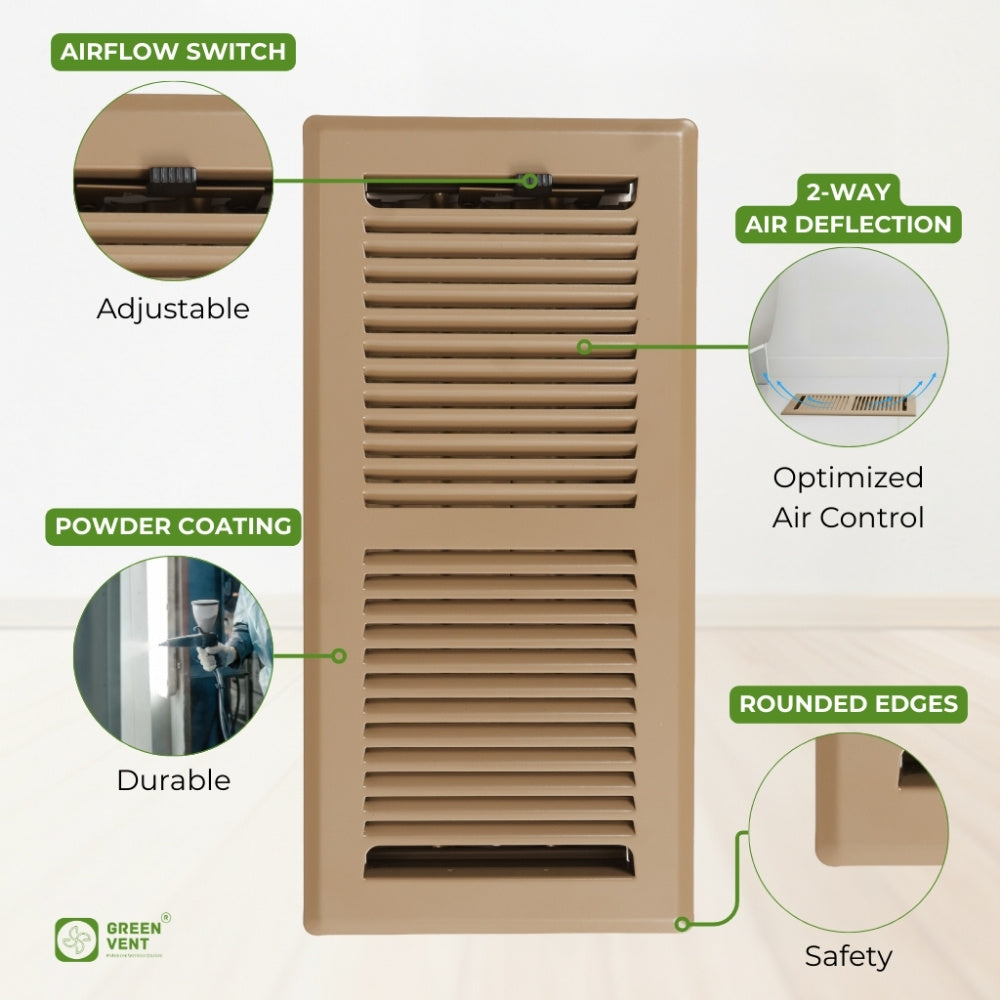 10x4 Steel Brown Floor Register - 2-Way Airflow (Duct Opening)