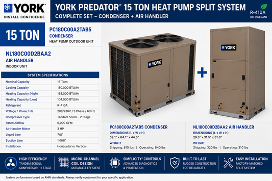 York Predator 15 Ton Heat Pump Split System | PC180C00A2TAB5 + NL180C00D2BAA2 | Commercial R410A HVAC Package