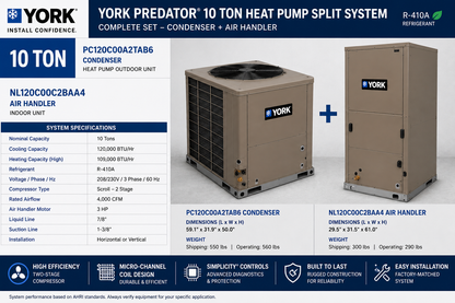 York Predator 10 Ton Heat Pump Split System | PC120C00A2TAB6 + NL120C00C2BAA4 | 208/230V 3PH R410A