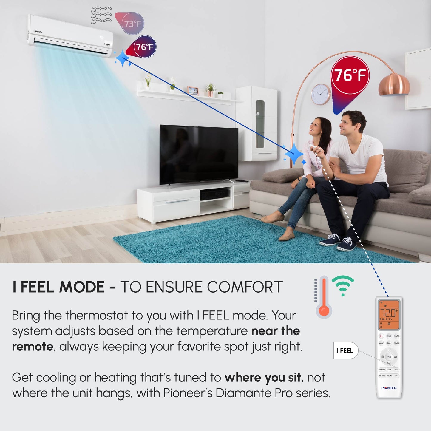 Pioneer® Diamante Pro™ 9,000 BTU 19 SEER2 115V High-Wall Ductless Energy-Star Mini-Split Air Conditioner Inverter Heat Pump with 16 Ft. Kit