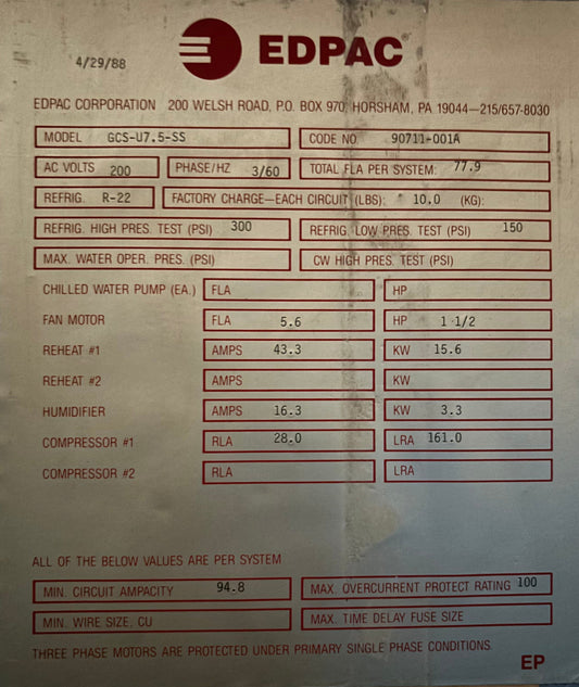Edpac GCS-U7.5-SS 7.5 Ton Glycol Cooled Standard Upflow Single Compressor Computer Room AC