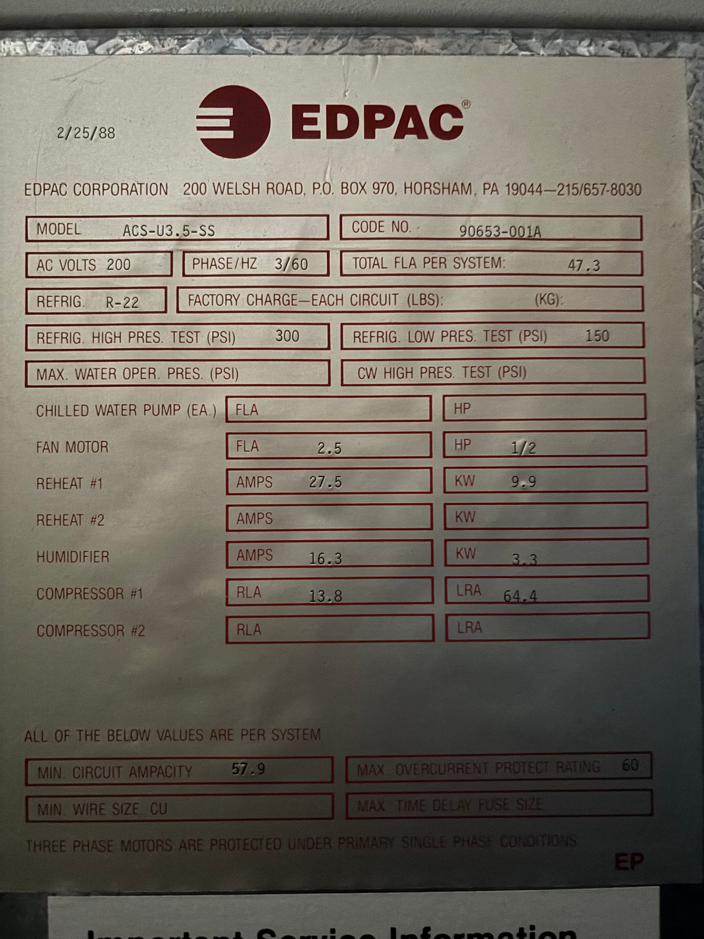 Edpac ACS-U3.5-SS 3.5 Ton 200V Air Cooled Standard Upflow Single Compressor Computer Room Cooling