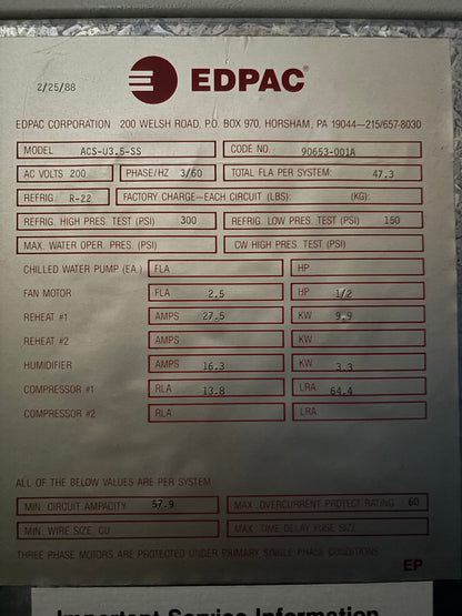 Edpac ACS-U3.5-SS 3.5 Ton 200V Air Cooled Standard Upflow Single Compressor Computer Room Cooling