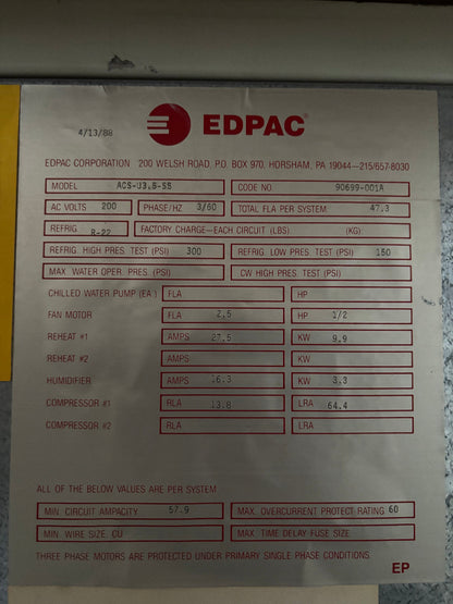 Edpac ACS-U3.5-SS 3.5 Ton 200V Air Cooled Standard Upflow Single Compressor Computer Room Cooling