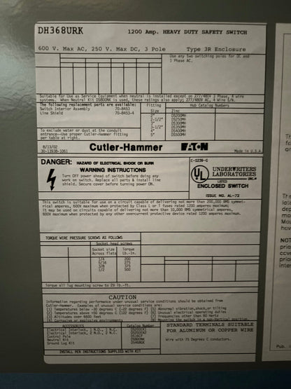 Eaton / Cutler-Hammer DH368URK Heavy-Duty, High-Capacity Industrial Power Distribution