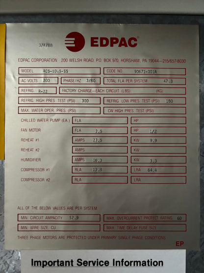 Edpac ACS-U3.5-SS 3.5 Ton 200V Air Cooled Standard Upflow Single Compressor Computer Room Cooling
