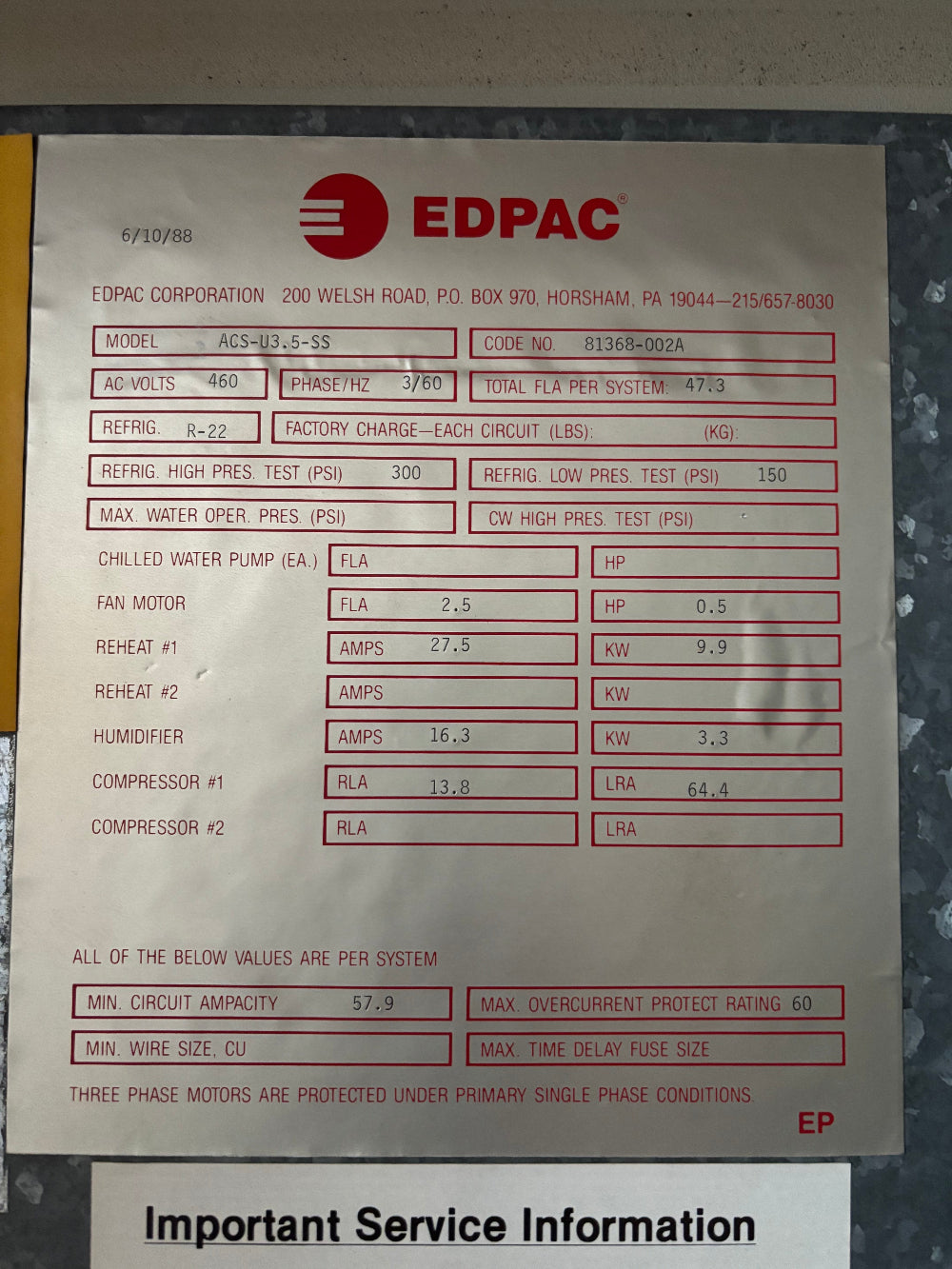 Edpac ACS-U3.5-SS 3.5 Ton 460V Air Cooled Standard Upflow Single Compressor Computer Room Cooling
