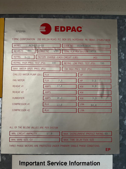 Edpac ACS-U3.5-SS 3.5 Ton 460V Air Cooled Standard Upflow Single Compressor Computer Room Cooling