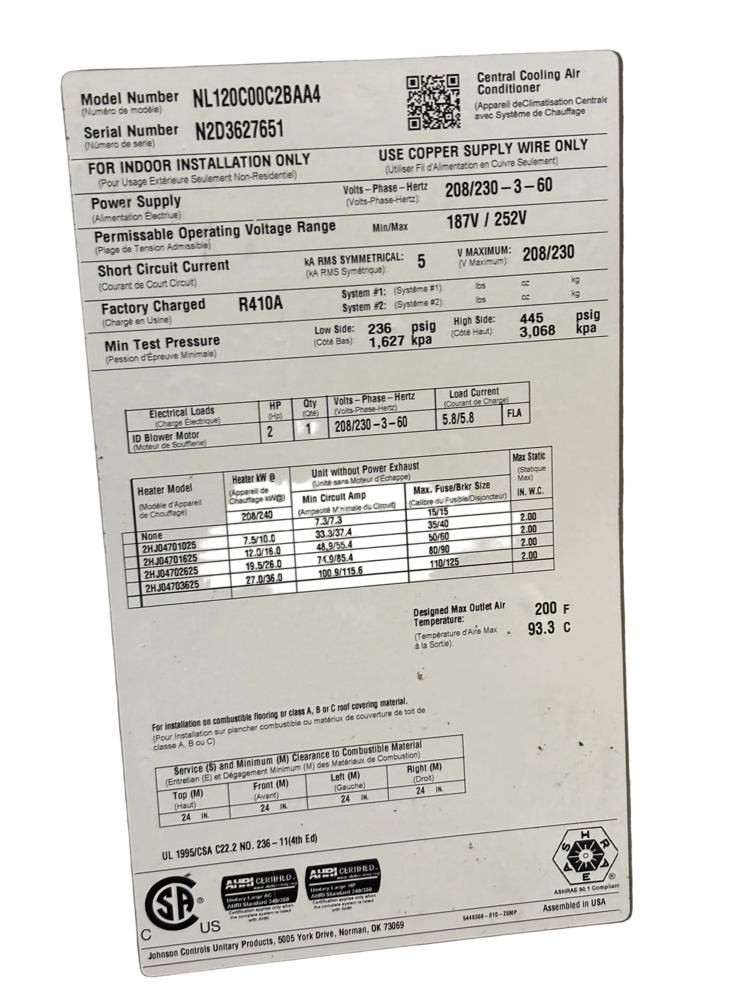 York NL120C00C2BAA4 – 10 Ton R410A Commercial Split System Air Handler