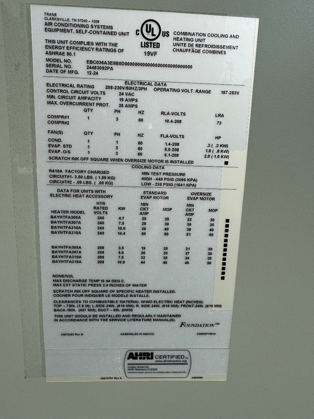 Trane EBC036A3E0B0000 3 Ton Rooftop Air Conditioner 208-230V 3PH