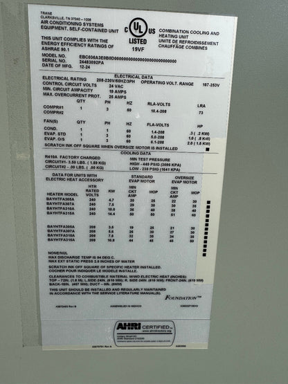 Trane EBC036A3E0B0000 3 Ton Rooftop Air Conditioner 208-230V 3PH