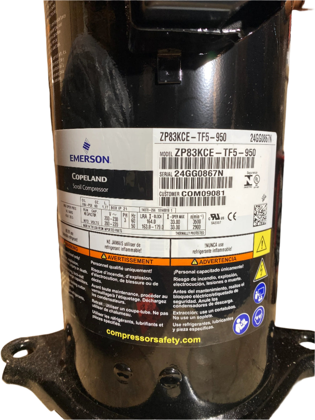 Emerson Copeland ZP83KCE-TF5-950 Scroll Compressor