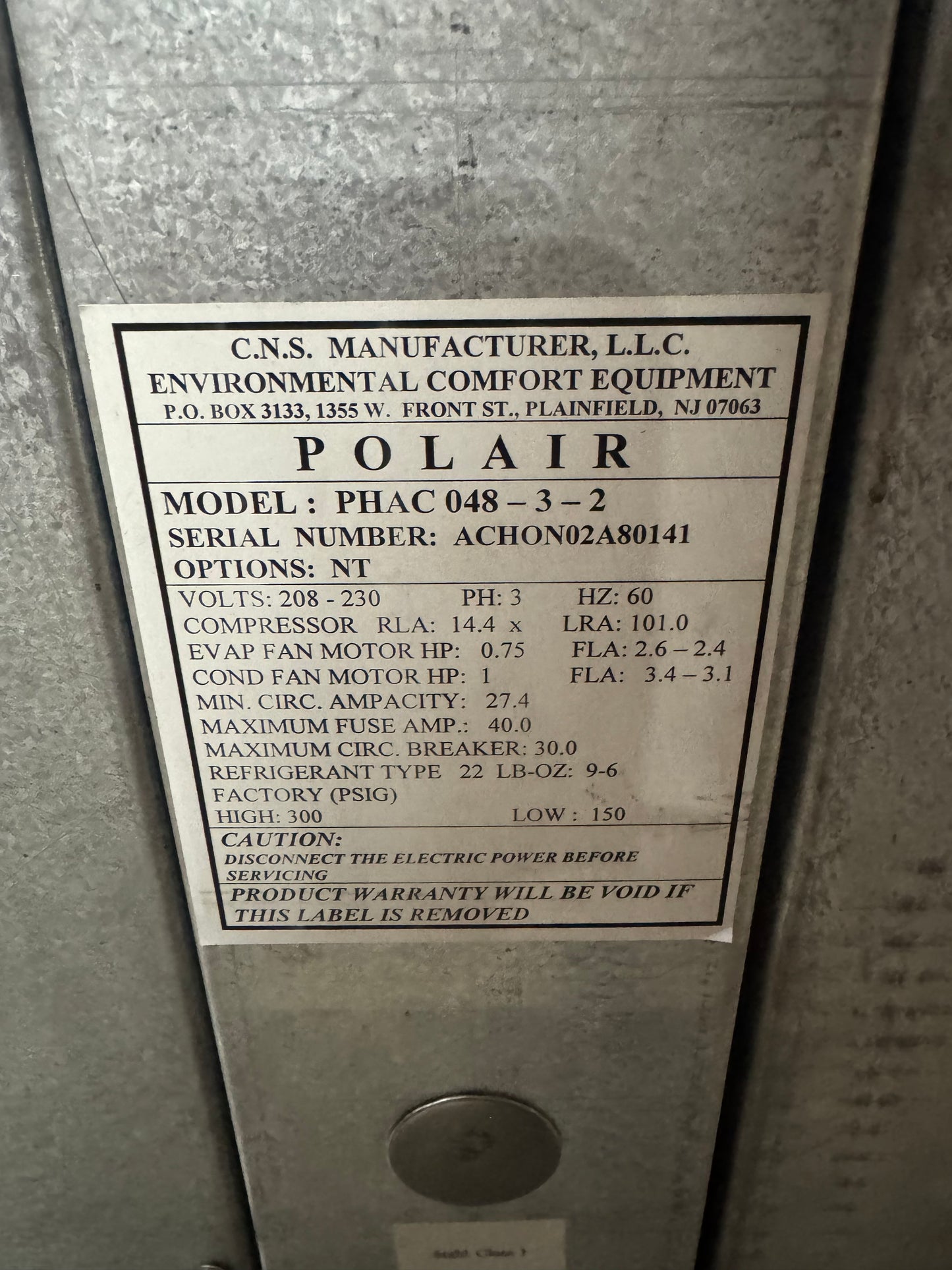 Polair PHAC 048-3-2 4 Ton Indoor Horizontal Air Cooled Package Unit