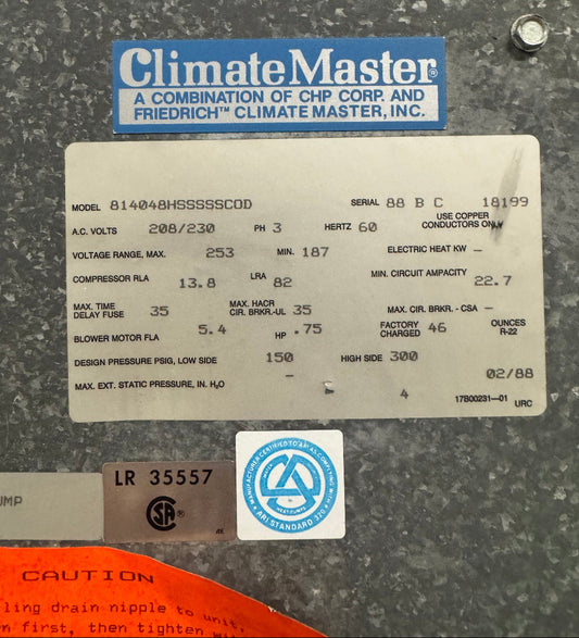 Climate Master 814048HSSSSSCOD 5 Ton Water Source Heat Pump