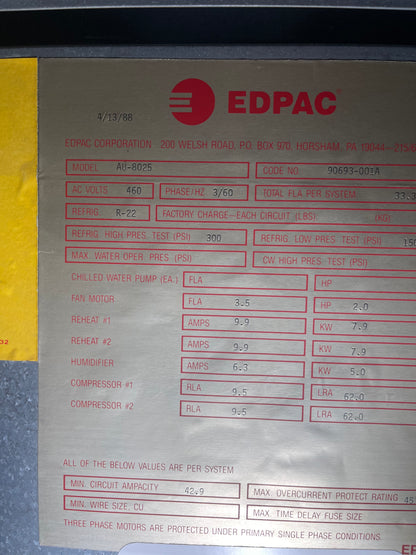 EDPAC AU-8025 10 Ton CRAC Computer Room Clean Unit
