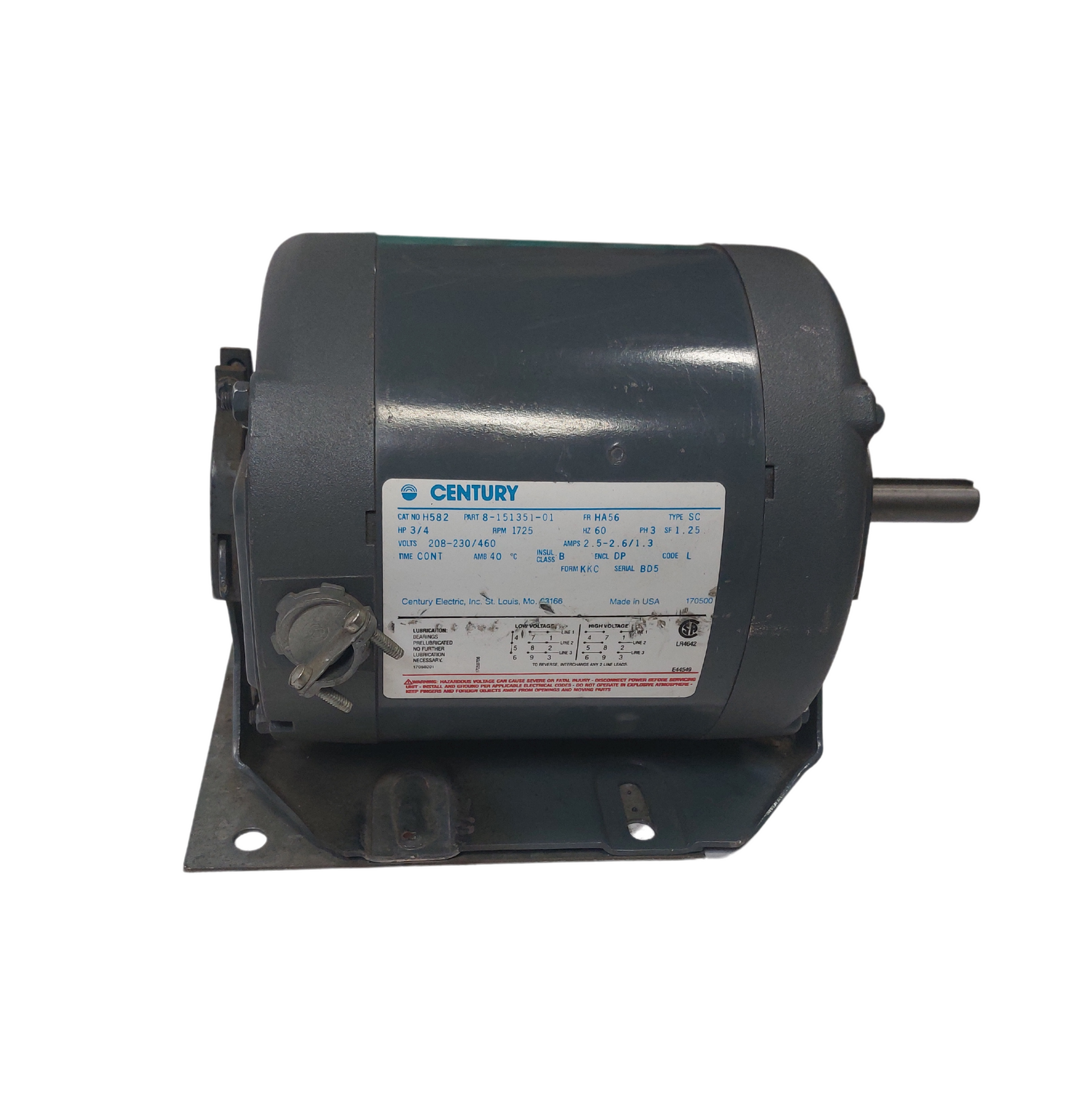 Century Industrial Motor - Part 8-151351-01, 3/4 HP, 1725 RPM, 208-230/460 Volts