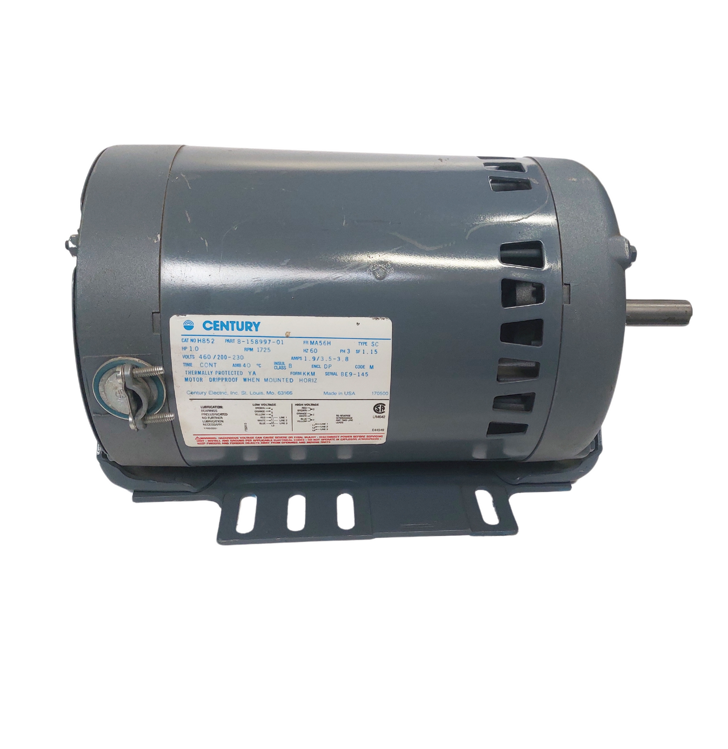 Century Industrial Motor - Part 8-158997-01, 1.0 HP, 1725 RPM, 460/200-230 Volts