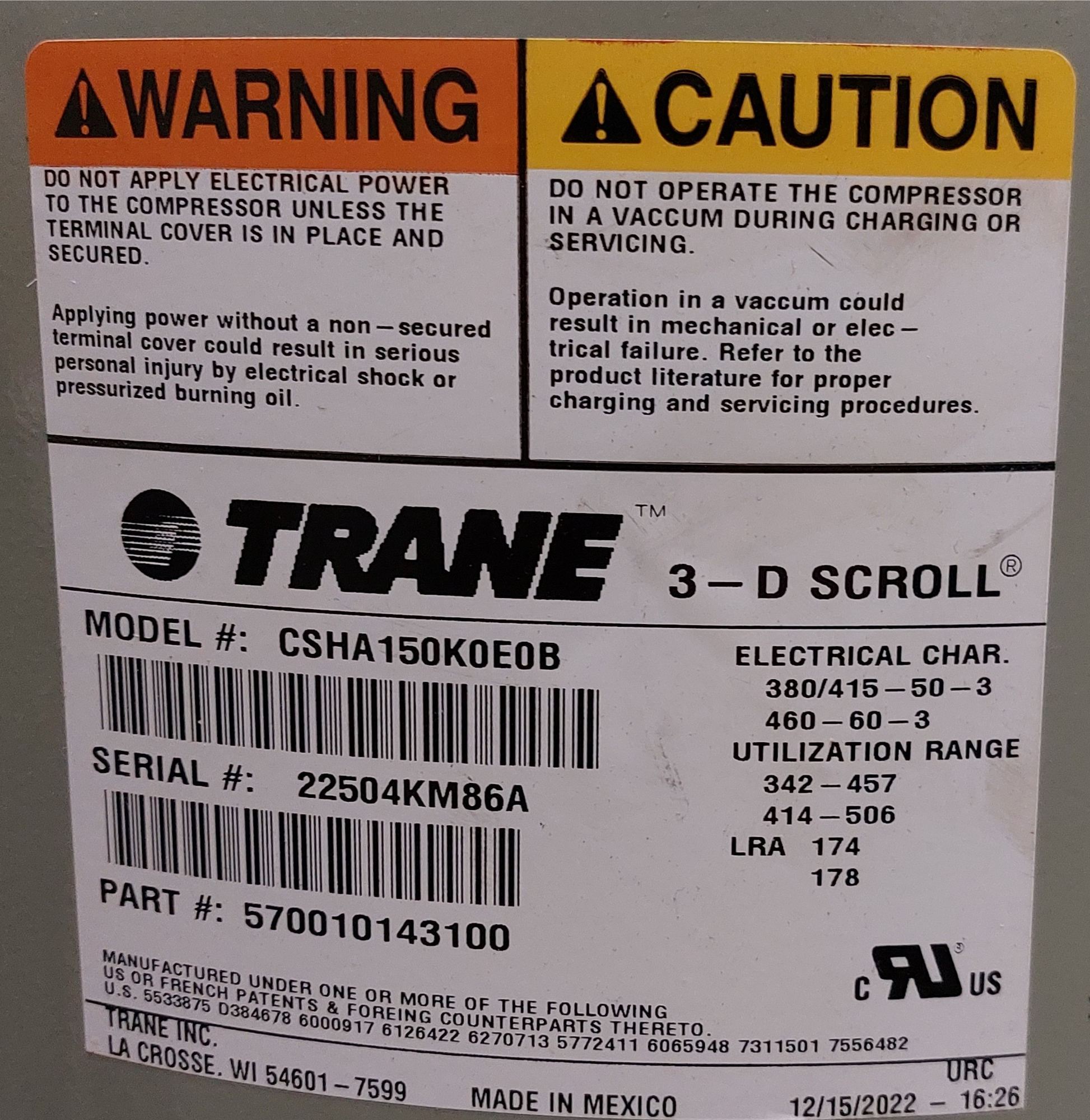 Trane CSHA-150K-0*0B Compressor - 15 Ton