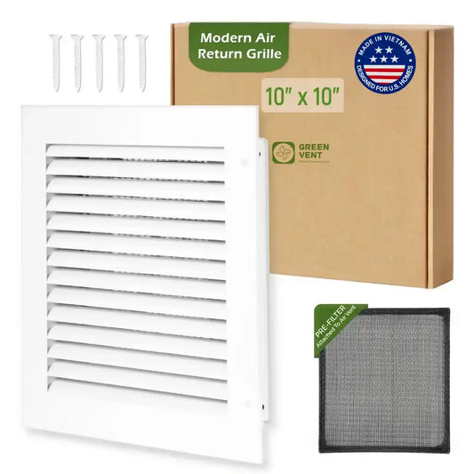 10x10 White Aluminum Modern Air Return Grille with Washable Filter (Duct Opening)