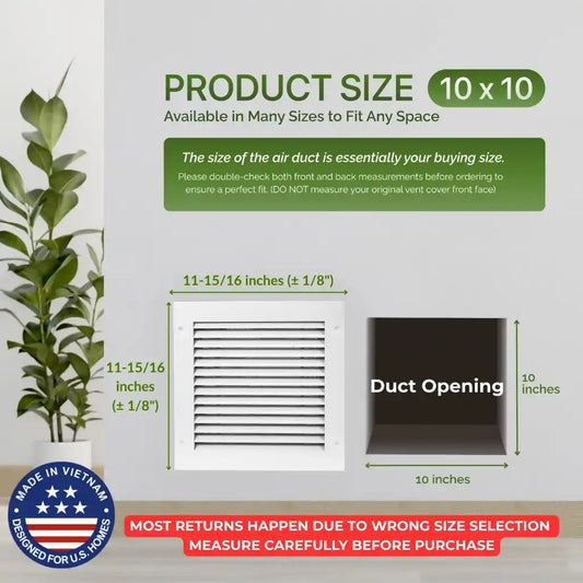 10x10 White Aluminum Modern Air Return Grille with Washable Filter (Duct Opening)