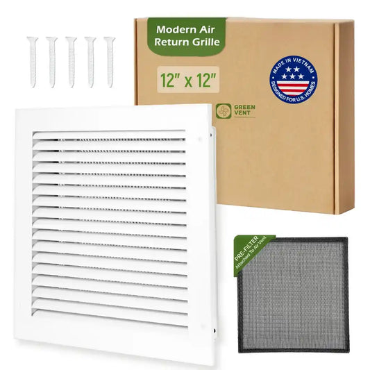 12x12 White Aluminum Modern Air Return Grille with Washable Filter (Duct Opening)