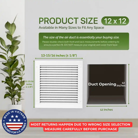 12x12 White Aluminum Modern Air Return Grille with Washable Filter (Duct Opening)