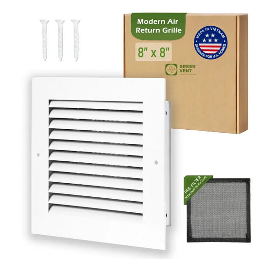 8x8 White Aluminum Modern Air Return Grille with Washable Filter (Duct Opening)