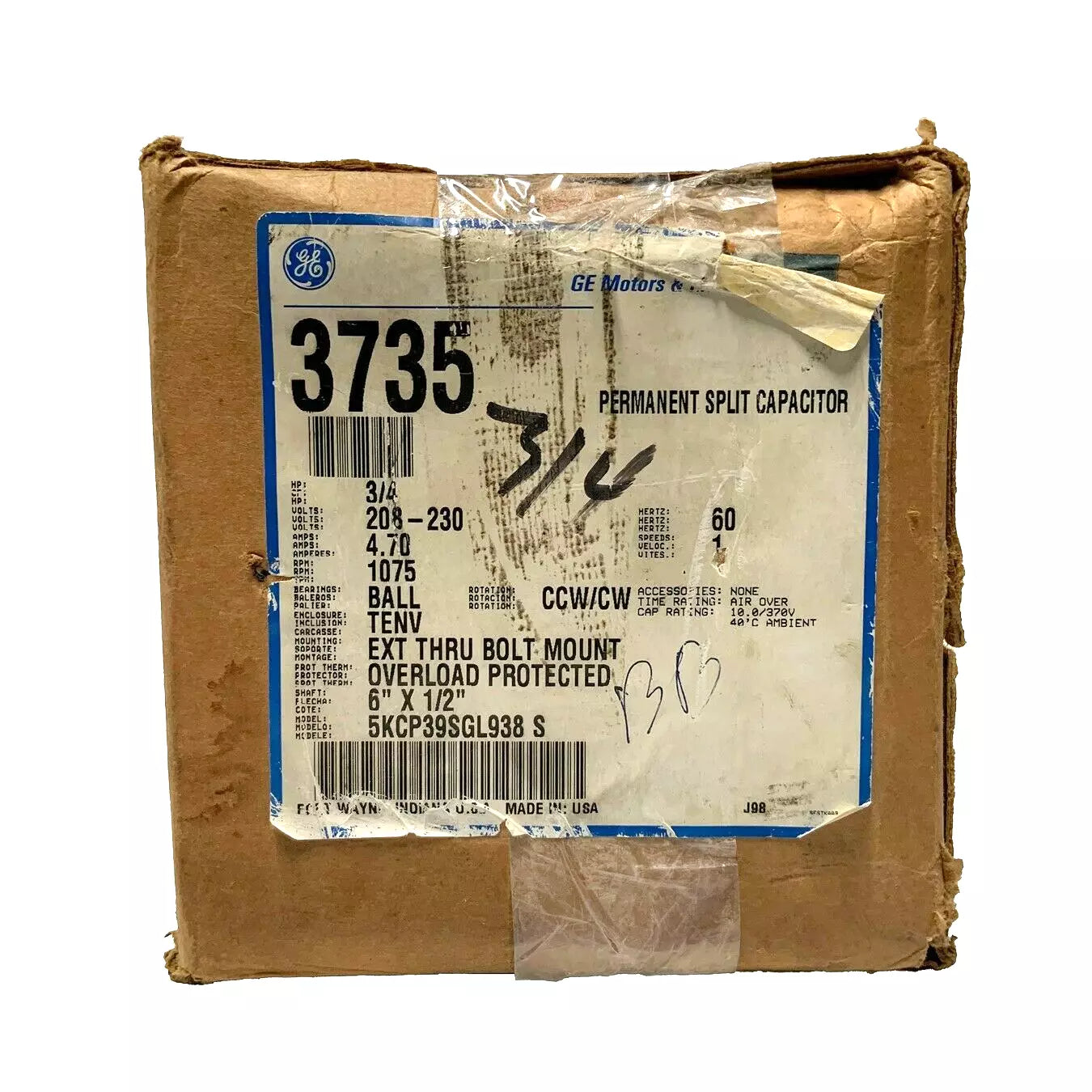 General Electric 5KCP39SGL938 Permanent Split Capacitor Motor 1075 RPM 3/4 HP