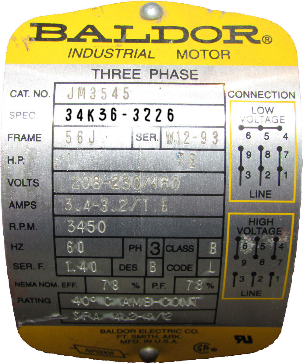 Armstrong / Baldor JM3545 / 355453-1 1HP 208-230/460V 3Ph 60Hz 56J 3450RPM Pump