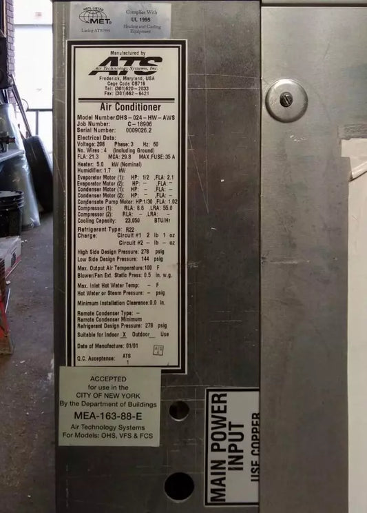 ATS OHS-024-HW-AWS Indoor Condenser Less Packaged 2-Ton Unit