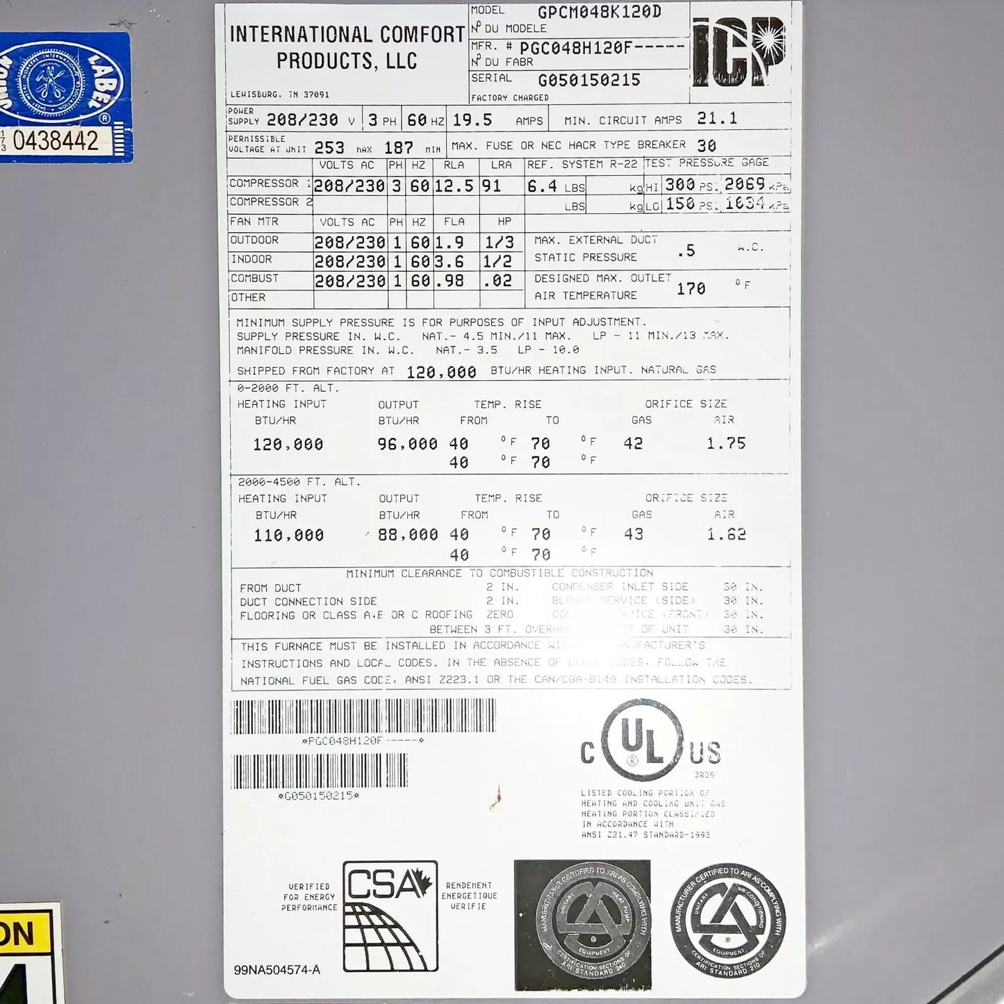 ICP GPCM048K120D 4 Ton Cooling Rooftop Gas Fired Heat Unit